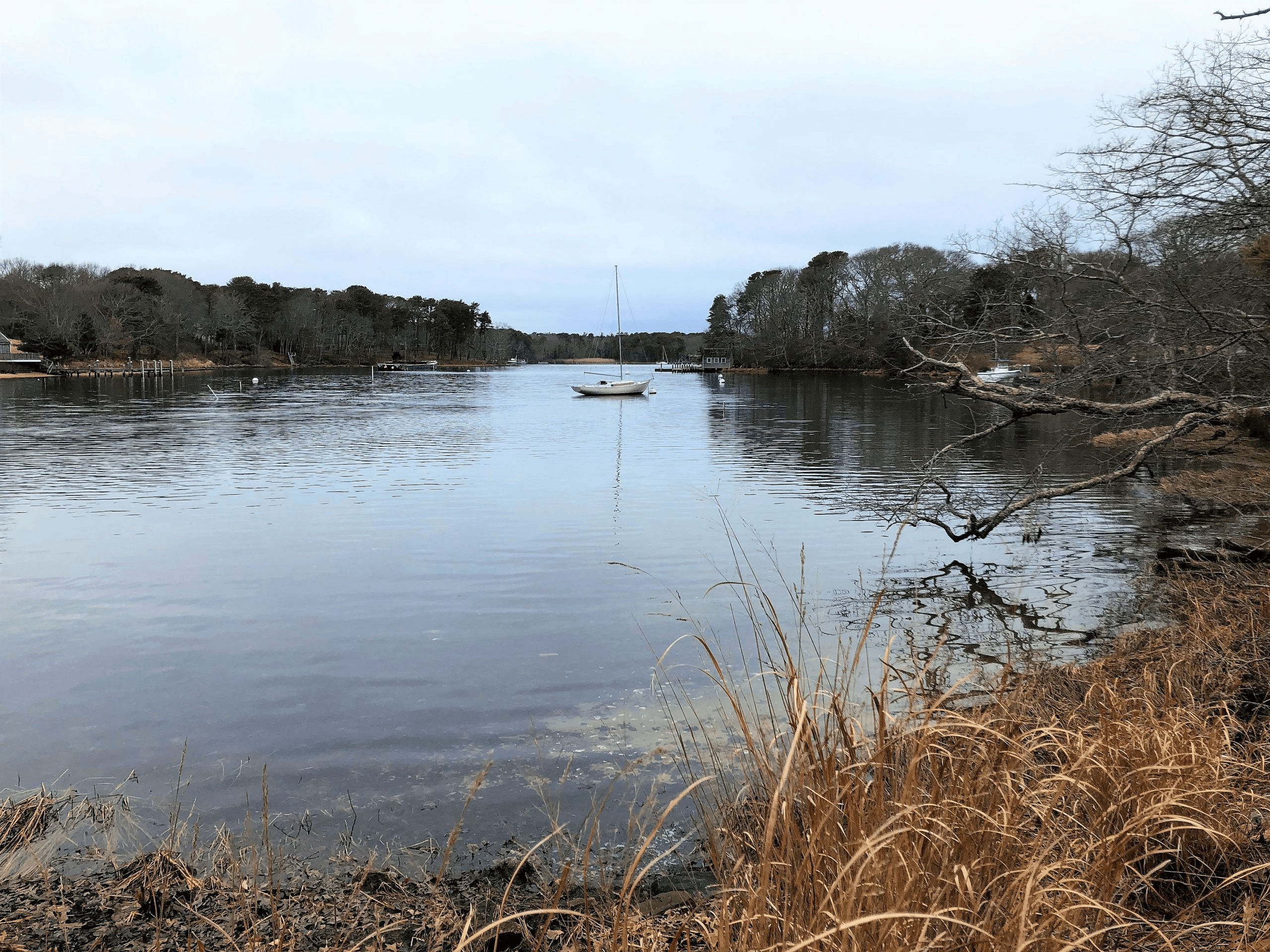 View of the quiet Tashmoo Pond in Tisbury, MA